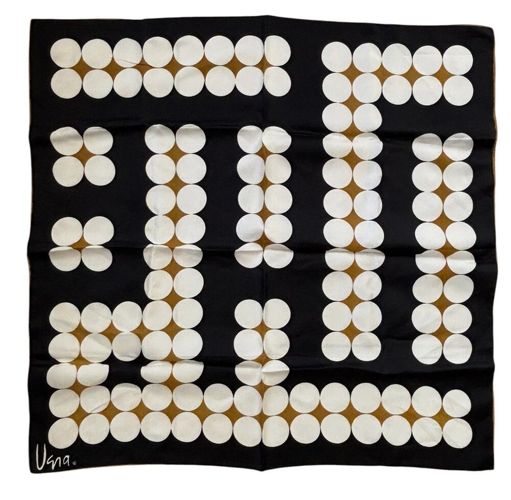 Vera Neumann Mod Silk Blend Polka Dot Square Scarf Black Gold Handcrafted Japan